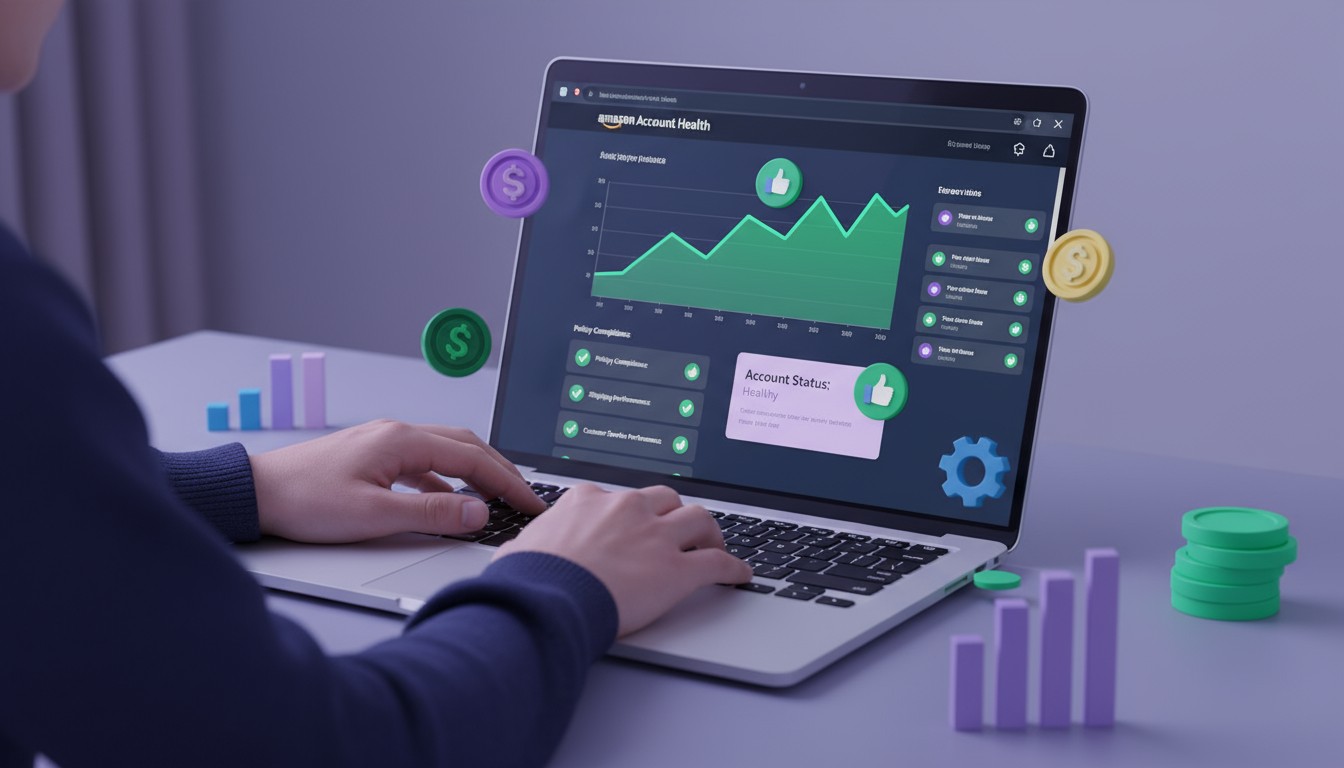 Close-up image of a seller reviewing the Amazon Account Health dashboard on a laptop.